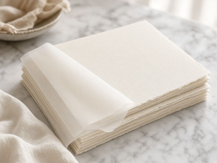 Cotton and laid papers in ivory and soft gray.