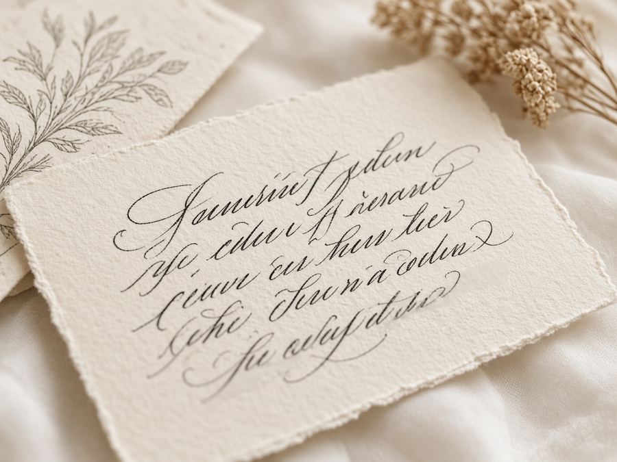 Ivory invitation with walnut ink and a quiet flourished initial.