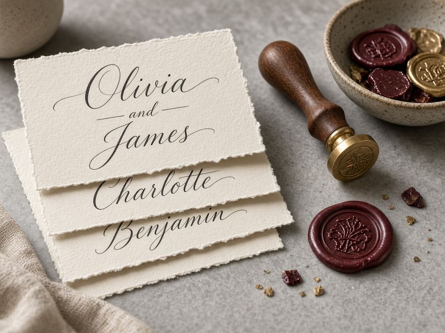Soft gray envelope set addressed in a slanted pointed-pen hand.