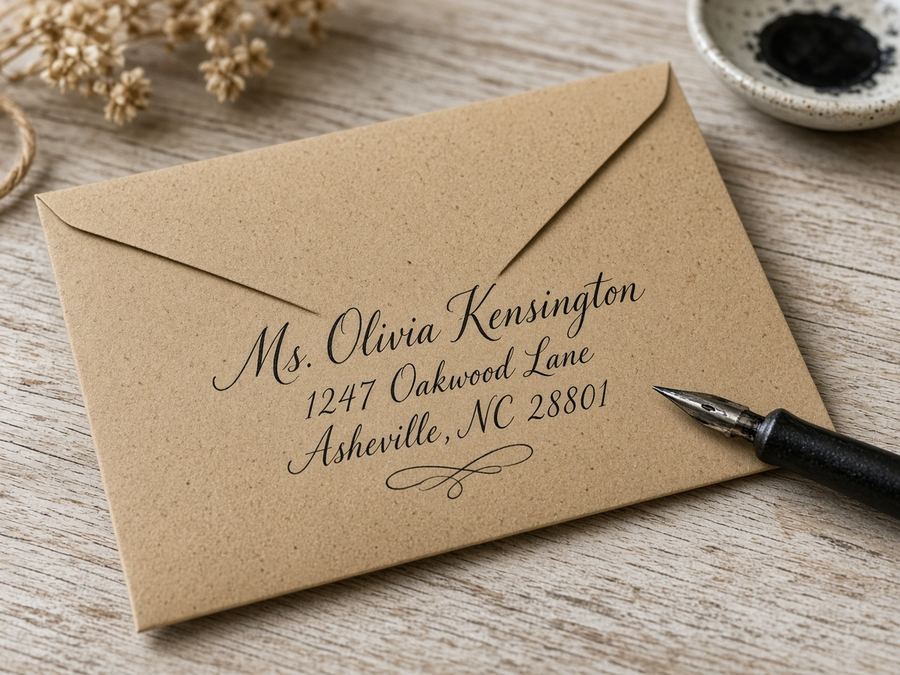 Place cards with guest names in a compact upright script.