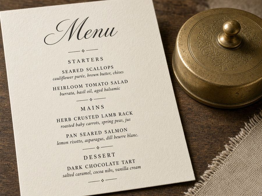 A single-page menu lettered for a small supper table.